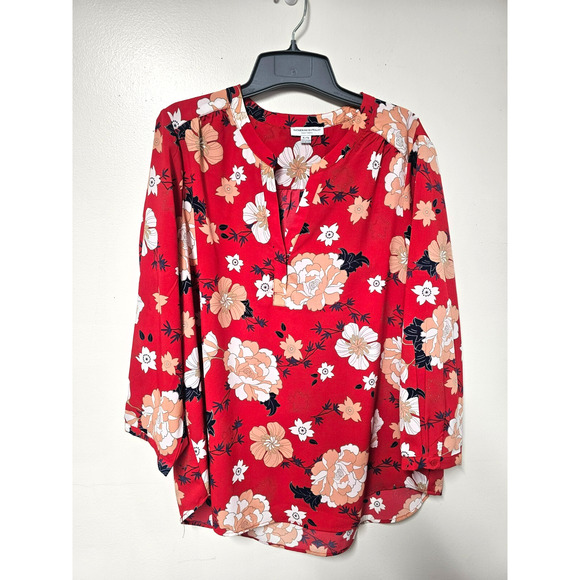 Katherine Barclay Floral Popover Blouse Size XL 3/4 Balloon Sleeves Artsy - Picture 1 of 8